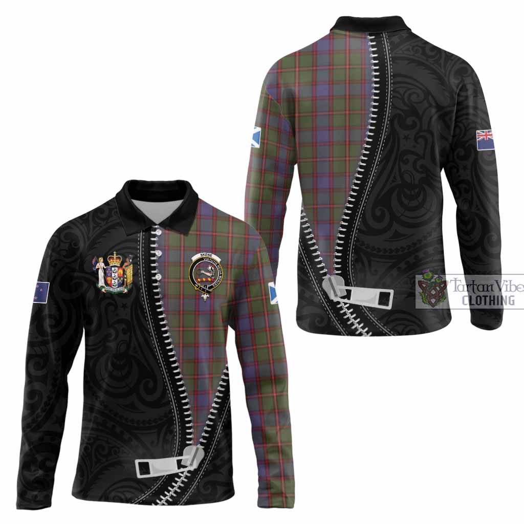 Skene Tartan Long Sleeve Polo Shirt New Zealand Pattern Unique Zipper Stylized