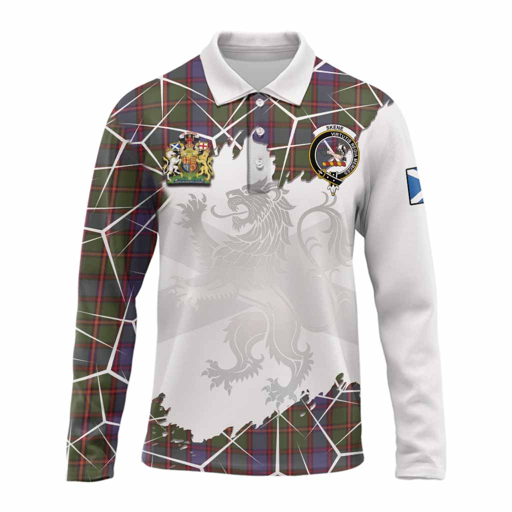 Skene Tartan Long Sleeve Polo Shirt with Family Crest and Lion Rampant Grunge Style
