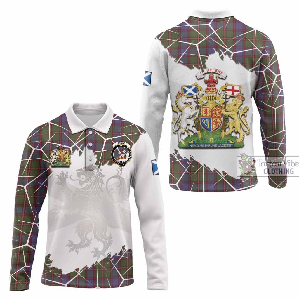 Skene Tartan Long Sleeve Polo Shirt with Family Crest and Lion Rampant Grunge Style