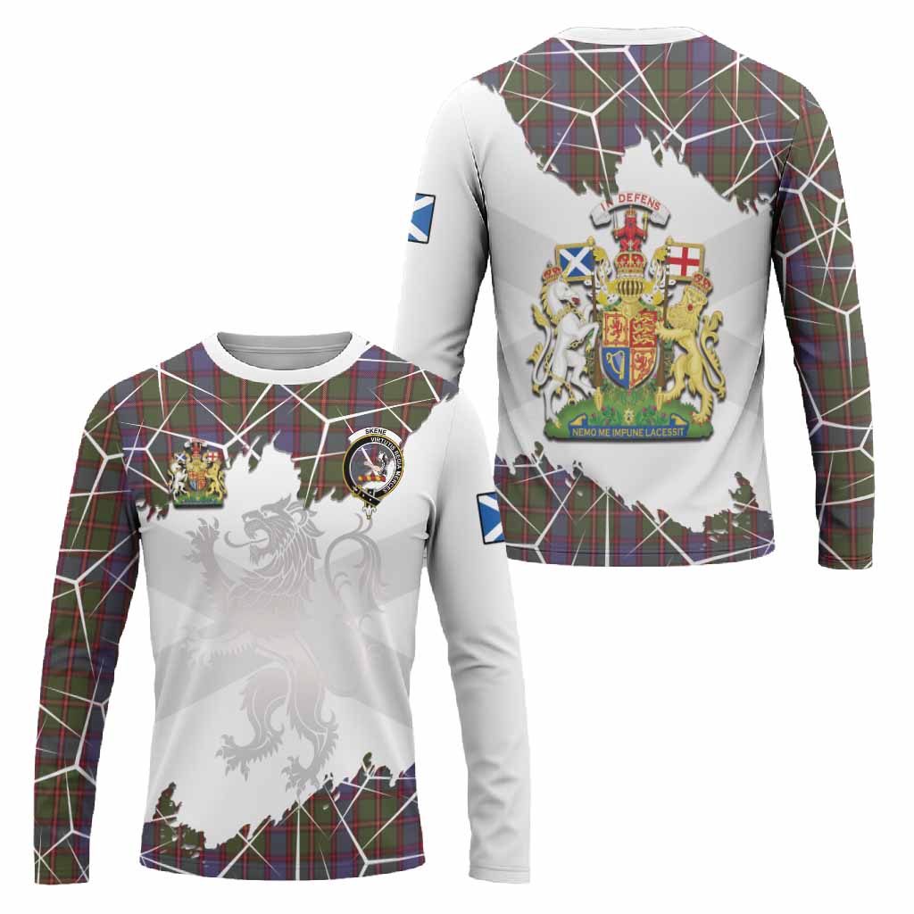 Skene Tartan Long Sleeve T-Shirt with Family Crest and Lion Rampant Grunge Style