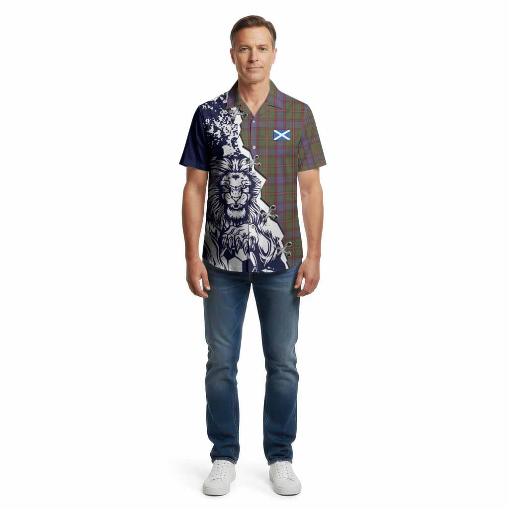 Skene Tartan Scottish Cotton Hawaiian Shirt Angry Lion With Soccer Ball Style