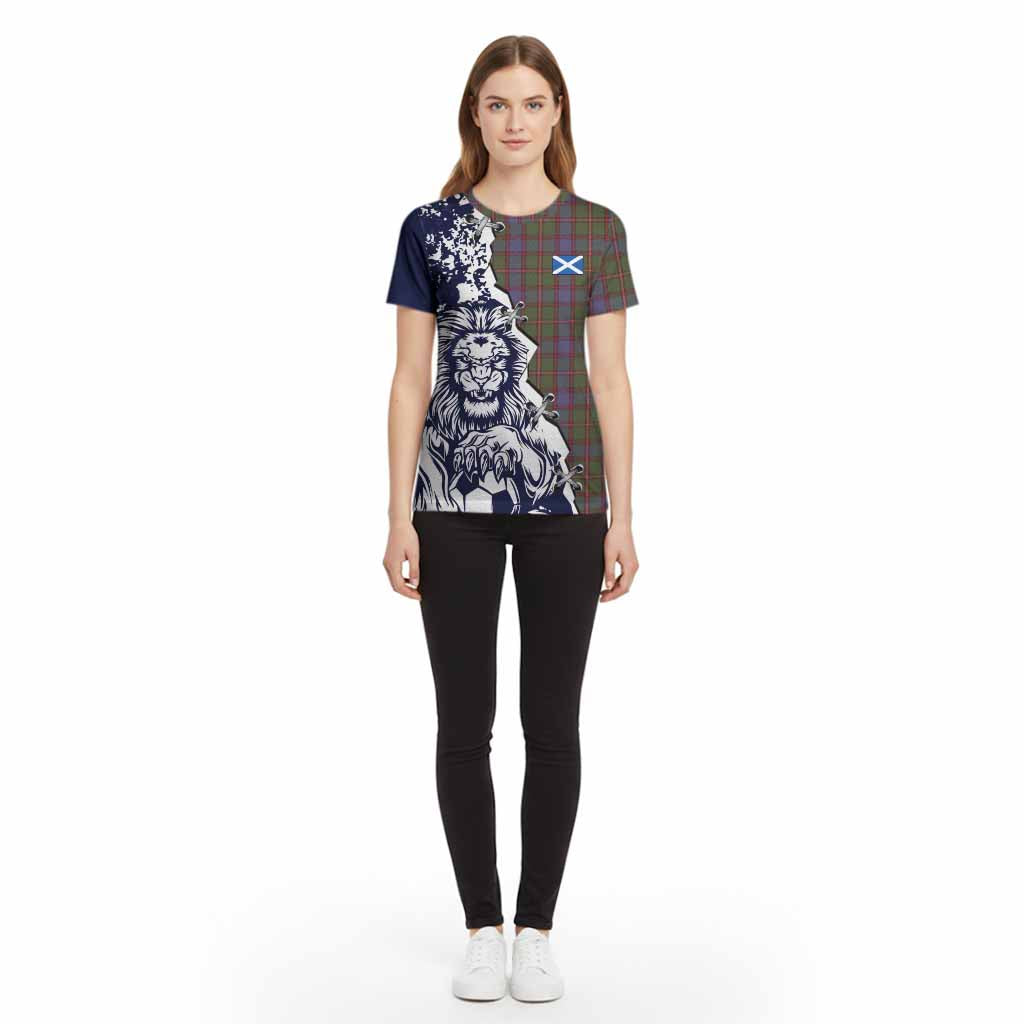 Skene Tartan Scottish Cotton T-shirt Angry Lion With Soccer Ball Style