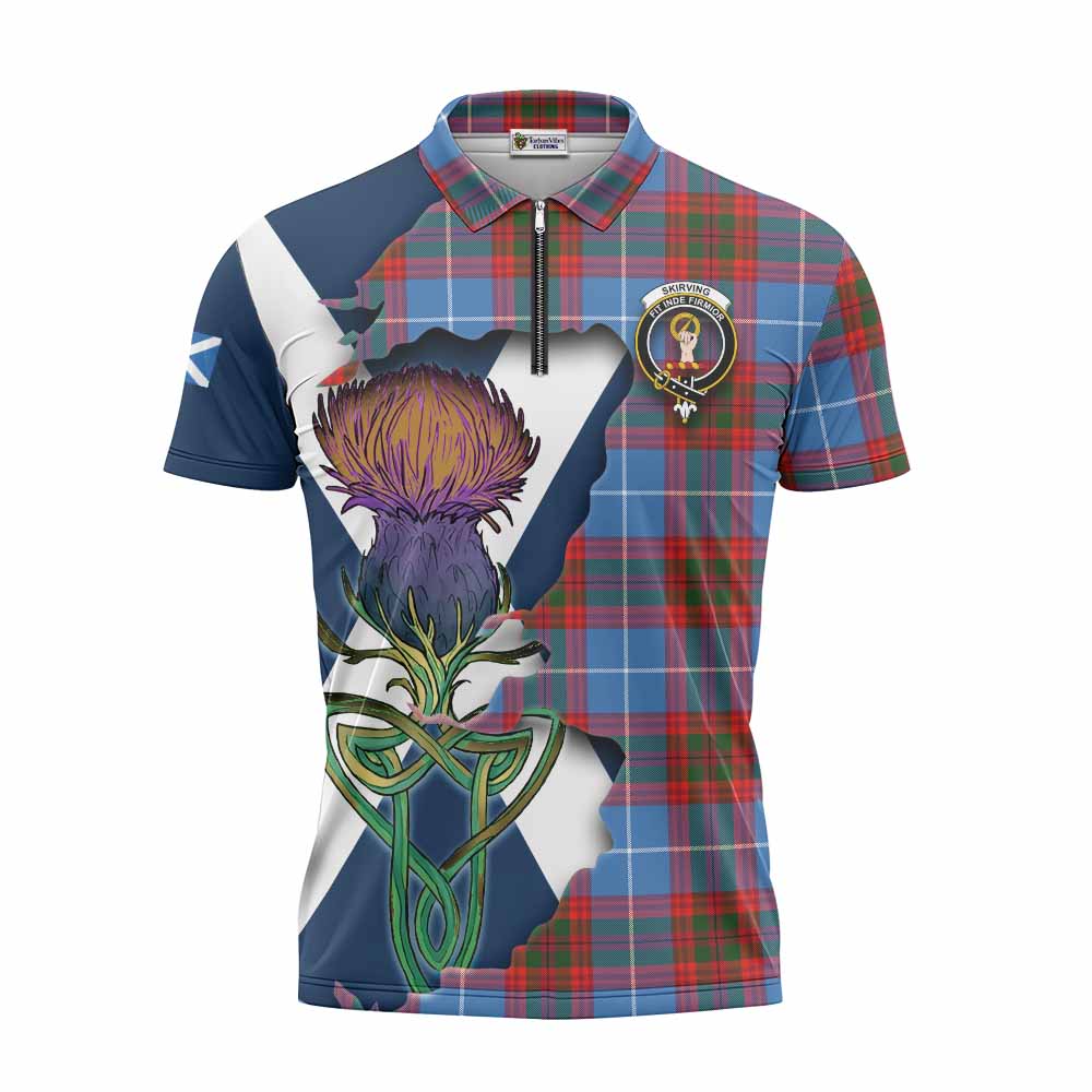 Tartan Vibes Clothing Skirving Tartan Family Crest Zipper Polo Shirt Scottish Thistle Celtic Inspired
