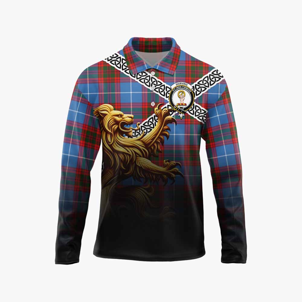 Skirving Crest Tartan Long Sleeve Polo Shirt with Golden Lion Emblem Celtic Style Unisex - Tartan Vibes Clothing