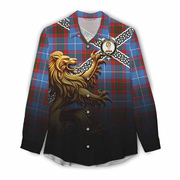 Skirving Crest Tartan Women's Casual Shirt with Golden Lion Emblem Celtic Style Female - Tartan Vibes Clothing