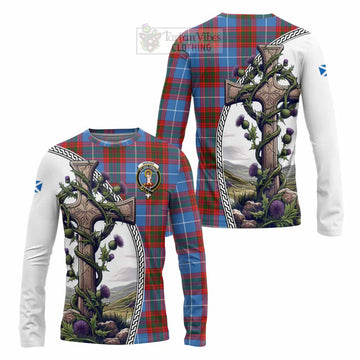 Skirving Tartan Long Sleeve T-Shirt with Family Crest and St. Andrew's Cross Accented by Thistle Vines Unisex - Tartan Vibes Clothing