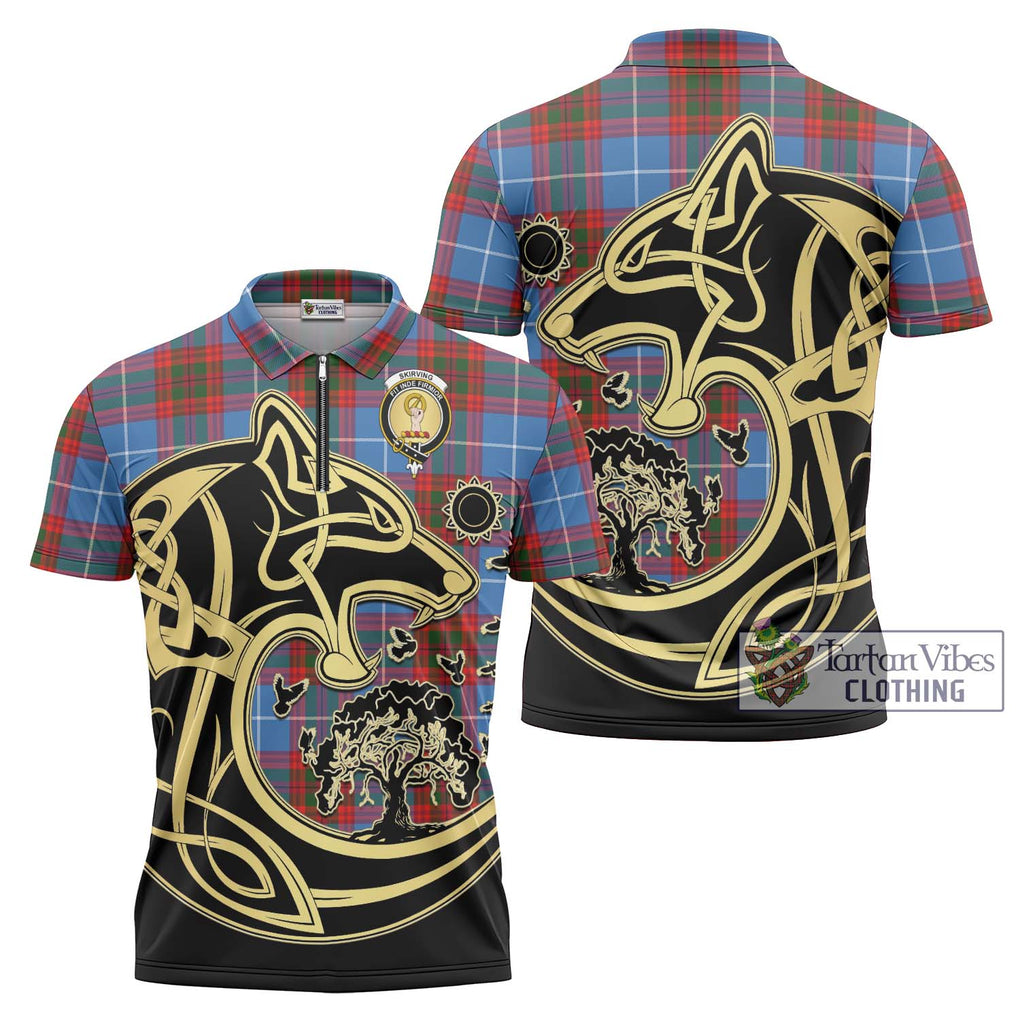 Skirving Tartan Zipper Polo Shirt with Family Crest Celtic Wolf Style Unisex - Tartan Vibes Clothing