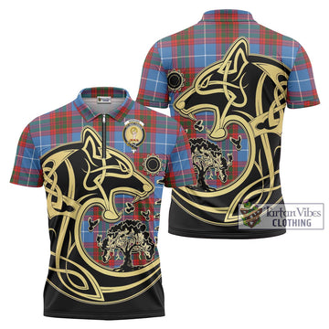 Skirving Tartan Zipper Polo Shirt with Family Crest Celtic Wolf Style Unisex - Tartan Vibes Clothing