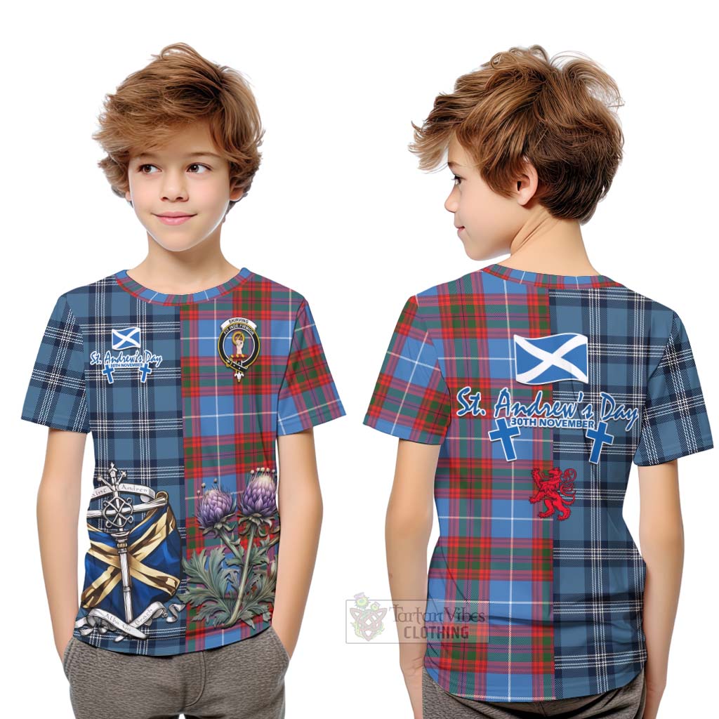 Skirving Tartan Kid T-Shirt Happy St. Andrew's Day Half Tartan Style Youth XL Size14 - Tartan Vibes Clothing