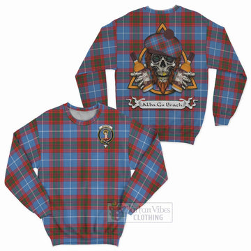 Skirving Tartan Sweatshirt with Family Crest and Bearded Skull Holding Bottles of Whiskey Unisex - Tartan Vibes Clothing