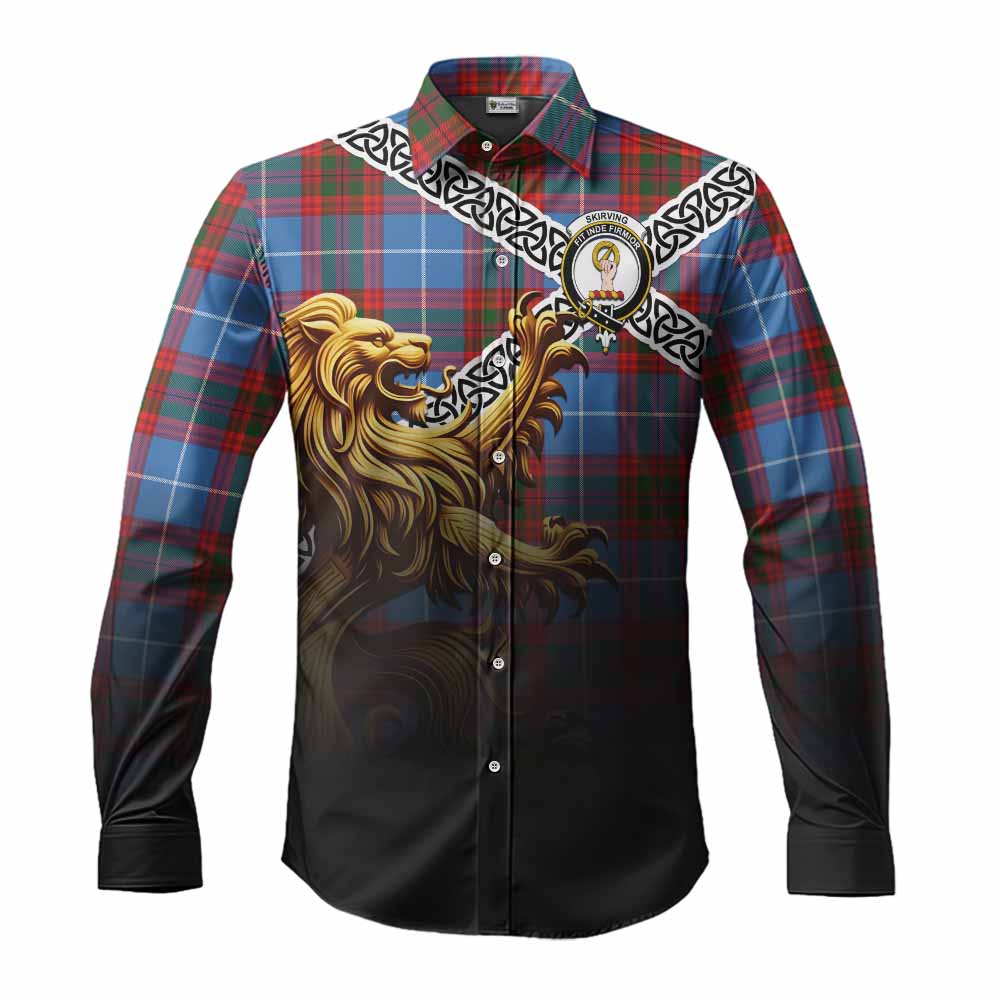 Skirving Crest Tartan Long Sleeve Button Shirt with Golden Lion Emblem Celtic Style Men's Shirt S - Tartan Vibes Clothing