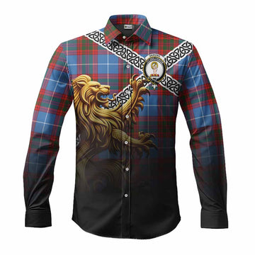 Skirving Crest Tartan Long Sleeve Button Shirt with Golden Lion Emblem Celtic Style Men's Shirt S - Tartan Vibes Clothing