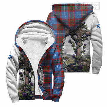 Skirving Tartan Sherpa Hoodie with Family Crest and St. Andrew's Cross Accented by Thistle Vines Unisex S - Tartan Vibes Clothing