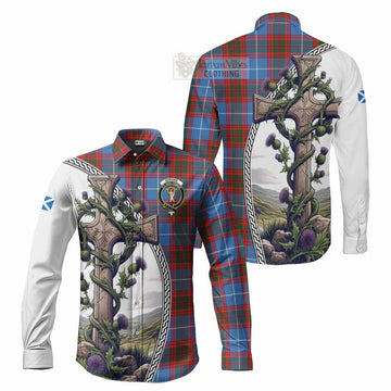 Skirving Tartan Long Sleeve Button Shirt with Family Crest and St. Andrew's Cross Accented by Thistle Vines Men's Shirt S - Tartan Vibes Clothing