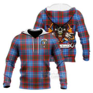 Tartan Vibes Clothing Skirving Tartan Knitted Hoodie with Family Crest and Bearded Skull Holding Bottles of Whiskey