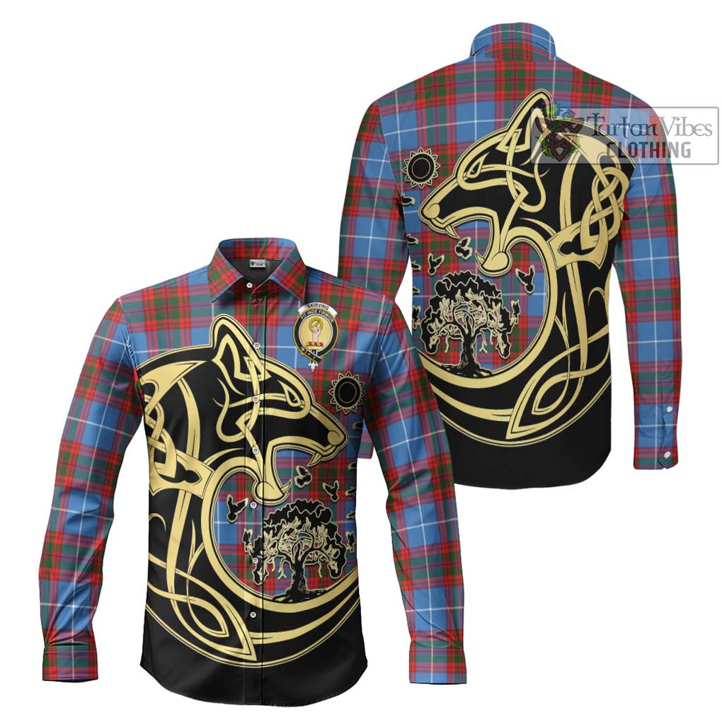 Skirving Tartan Long Sleeve Button Shirt with Family Crest Celtic Wolf Style Men's Shirt S - Tartan Vibes Clothing