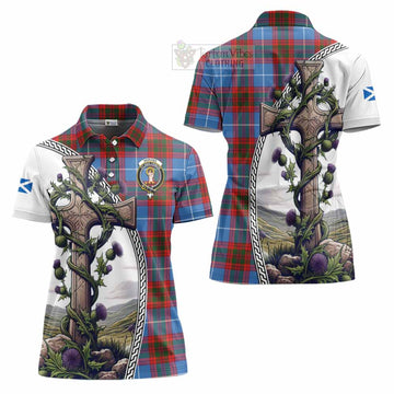 Skirving Tartan Women's Polo Shirt with Family Crest and St. Andrew's Cross Accented by Thistle Vines Women - Tartan Vibes Clothing