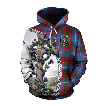 Tartan Vibes Clothing Skirving Tartan Cotton Hoodie with Family Crest and St. Andrew's Cross Accented by Thistle Vines