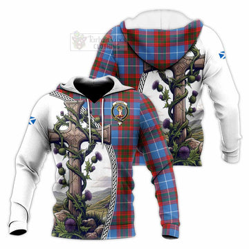 Skirving Tartan Knitted Hoodie with Family Crest and St. Andrew's Cross Accented by Thistle Vines Unisex Knitted Pullover Hoodie - Tartan Vibes Clothing