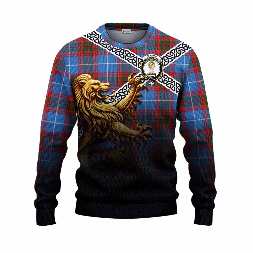 Skirving Crest Tartan Knitted Sweater with Golden Lion Emblem Celtic Style Unisex - Tartan Vibes Clothing