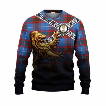 Tartan Vibes Clothing Skirving Crest Tartan Knitted Sweater with Golden Lion Emblem Celtic Style