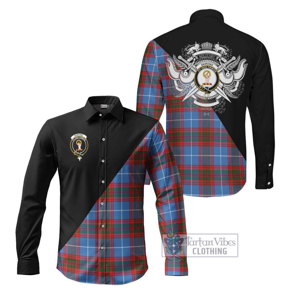 Skirving Tartan Long Sleeve Button Shirt with Family Crest and Military Logo Style Men's Shirt S - Tartanvibesclothing Shop