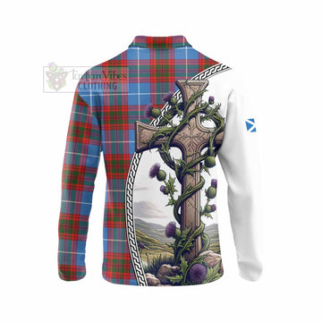 Skirving Tartan Long Sleeve Polo Shirt with Family Crest and St. Andrew's Cross Accented by Thistle Vines - Tartan Vibes Clothing