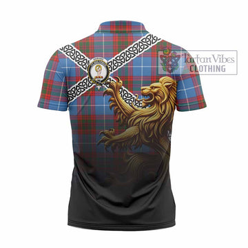 Skirving Crest Tartan Zipper Polo Shirt with Golden Lion Emblem Celtic Style - Tartan Vibes Clothing
