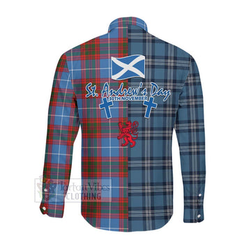 Skirving Tartan Long Sleeve Button Shirt Happy St. Andrew's Day Half Tartan Style Men's Shirt - Tartan Vibes Clothing