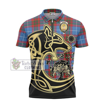 Skirving Tartan Zipper Polo Shirt with Family Crest Celtic Wolf Style - Tartan Vibes Clothing
