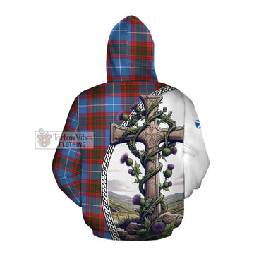Tartan Vibes Clothing Skirving Tartan Cotton Hoodie with Family Crest and St. Andrew's Cross Accented by Thistle Vines