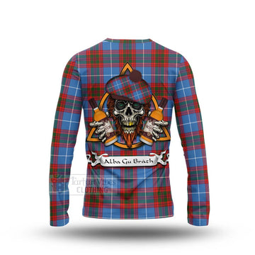 Skirving Tartan Long Sleeve T-Shirt with Family Crest and Bearded Skull Holding Bottles of Whiskey - Tartan Vibes Clothing