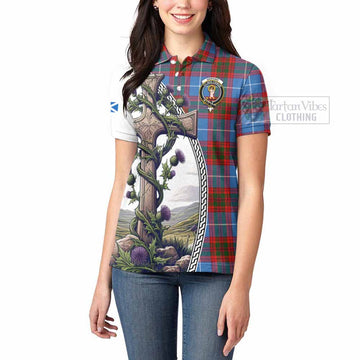 Skirving Tartan Women's Polo Shirt with Family Crest and St. Andrew's Cross Accented by Thistle Vines - Tartan Vibes Clothing