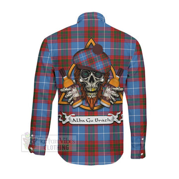Skirving Tartan Long Sleeve Button Shirt with Family Crest and Bearded Skull Holding Bottles of Whiskey Men's Shirt - Tartan Vibes Clothing