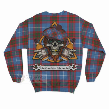 Skirving Tartan Sweatshirt with Family Crest and Bearded Skull Holding Bottles of Whiskey - Tartan Vibes Clothing