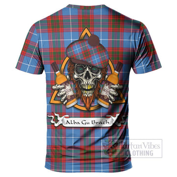 Skirving Tartan T-Shirt with Family Crest and Bearded Skull Holding Bottles of Whiskey - Tartan Vibes Clothing