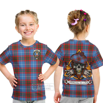Skirving Tartan Kid T-Shirt with Family Crest and Bearded Skull Holding Bottles of Whiskey - Tartan Vibes Clothing