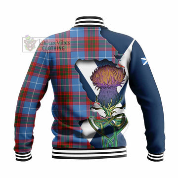 Tartan Vibes Clothing Skirving Tartan Family Crest Baseball Jacket Scottish Thistle Celtic Inspired