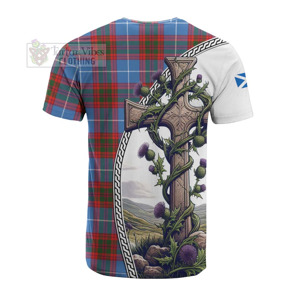 Tartan Vibes Clothing Skirving Tartan Cotton T-shirt with Family Crest and St. Andrew's Cross Accented by Thistle Vines