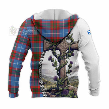 Skirving Tartan Knitted Hoodie with Family Crest and St. Andrew's Cross Accented by Thistle Vines - Tartan Vibes Clothing