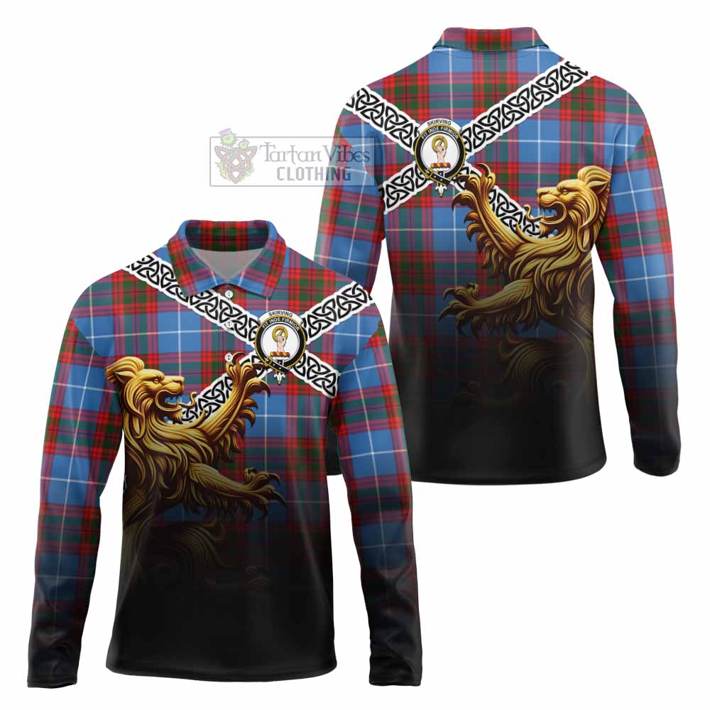 Skirving Crest Tartan Long Sleeve Polo Shirt with Golden Lion Emblem Celtic Style - Tartan Vibes Clothing