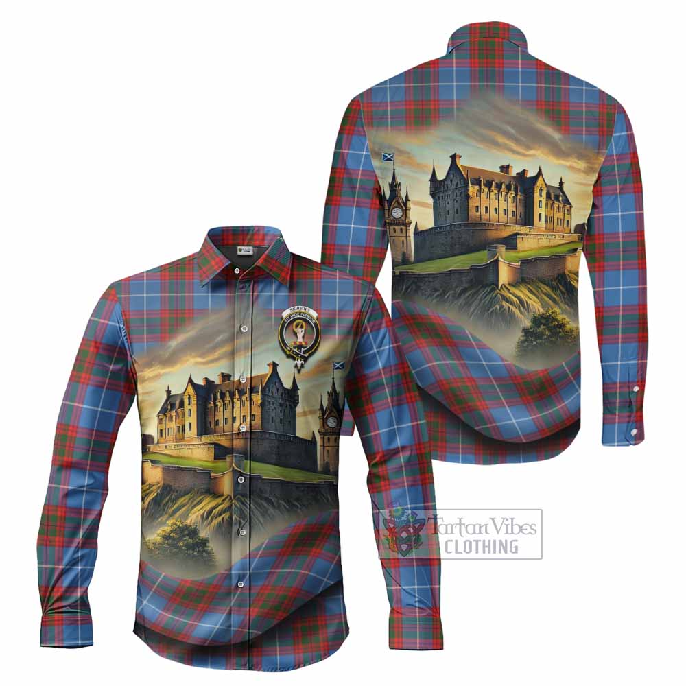 Tartan Vibes Clothing Skirving Tartan Family Crest Long Sleeve Button Shirt with Scottish Ancient Castle Style