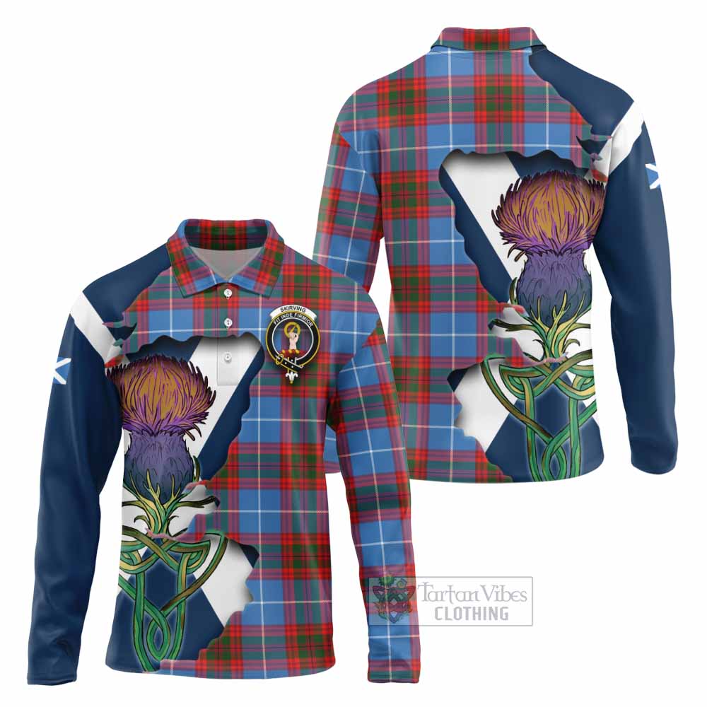 Tartan Vibes Clothing Skirving Tartan Family Crest Long Sleeve Polo Shirt Scottish Thistle Celtic Inspired