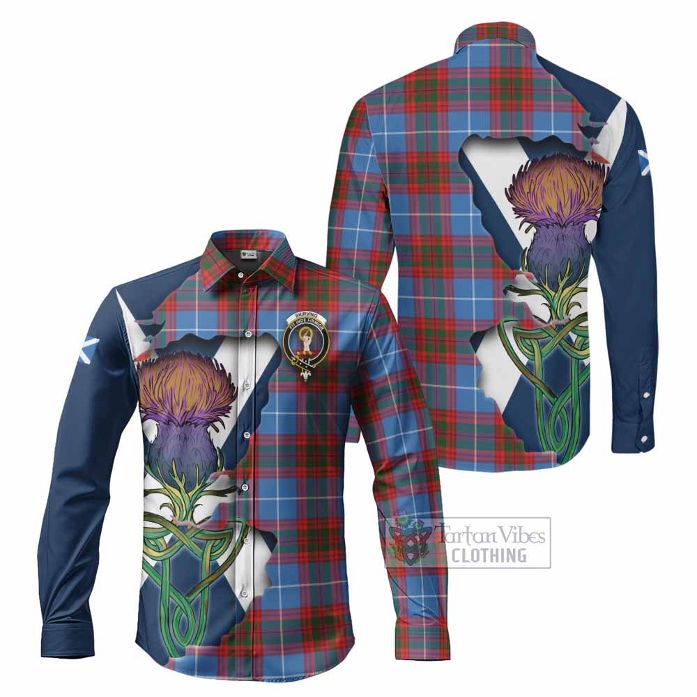 Tartan Vibes Clothing Skirving Tartan Family Crest Long Sleeve Button Shirt Scottish Thistle Celtic Inspired