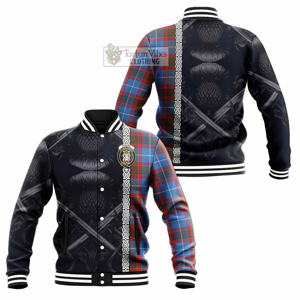 Skirving Tartan Baseball Jacket with Family Crest Cross Sword Thistle Celtic Vibes - Tartan Vibes Clothing