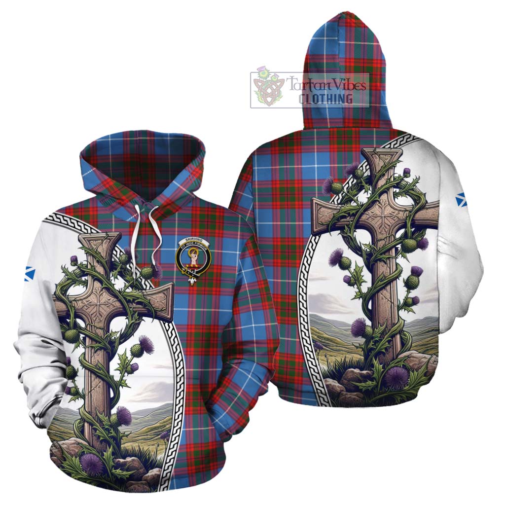 Tartan Vibes Clothing Skirving Tartan Cotton Hoodie with Family Crest and St. Andrew's Cross Accented by Thistle Vines