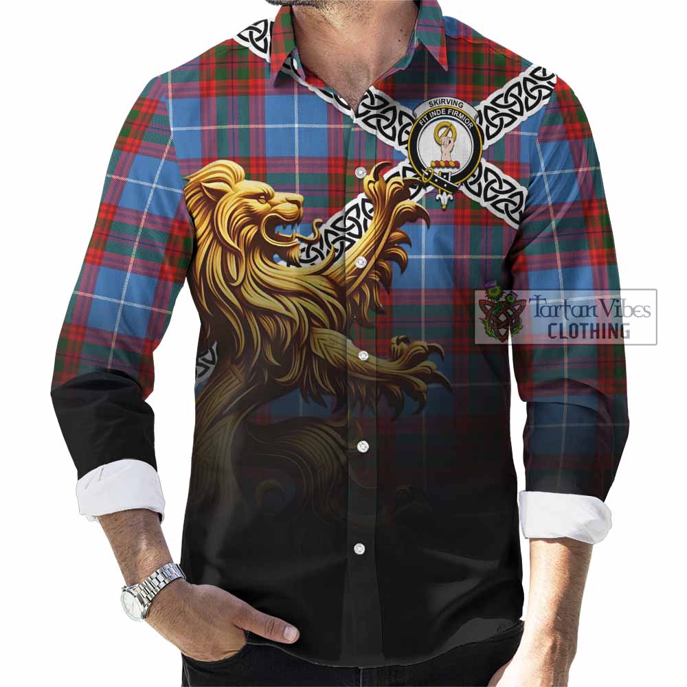 Skirving Crest Tartan Long Sleeve Button Shirt with Golden Lion Emblem Celtic Style - Tartan Vibes Clothing