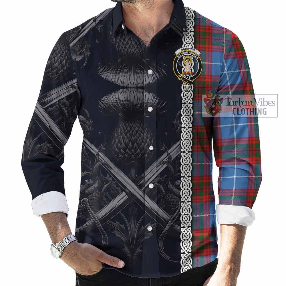 Tartan Vibes Clothing Skirving Tartan Long Sleeve Button Shirt with Family Crest Cross Sword Thistle Celtic Vibes