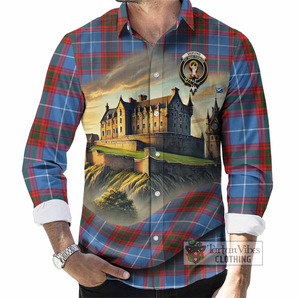 Tartan Vibes Clothing Skirving Tartan Family Crest Long Sleeve Button Shirt with Scottish Ancient Castle Style