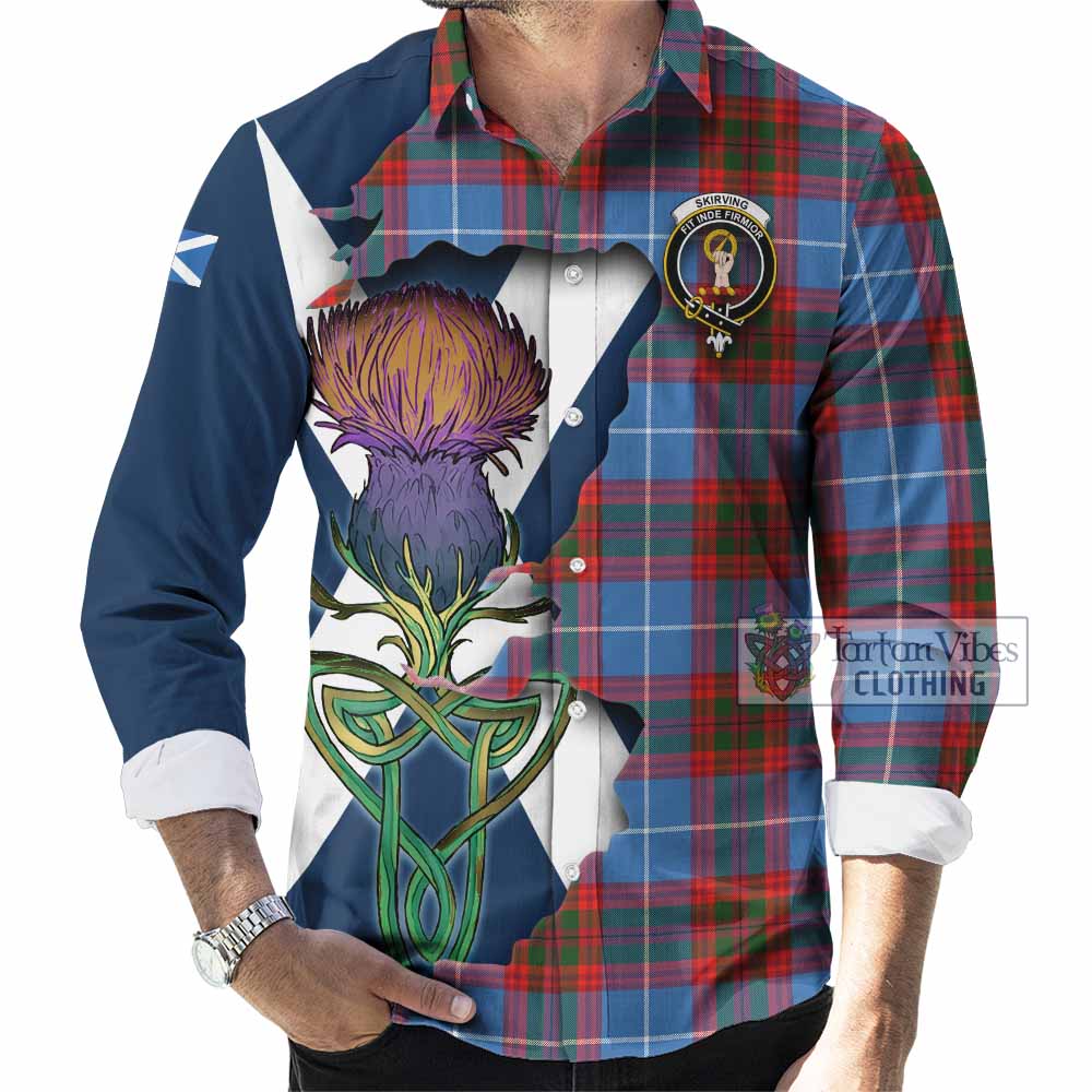 Tartan Vibes Clothing Skirving Tartan Family Crest Long Sleeve Button Shirt Scottish Thistle Celtic Inspired